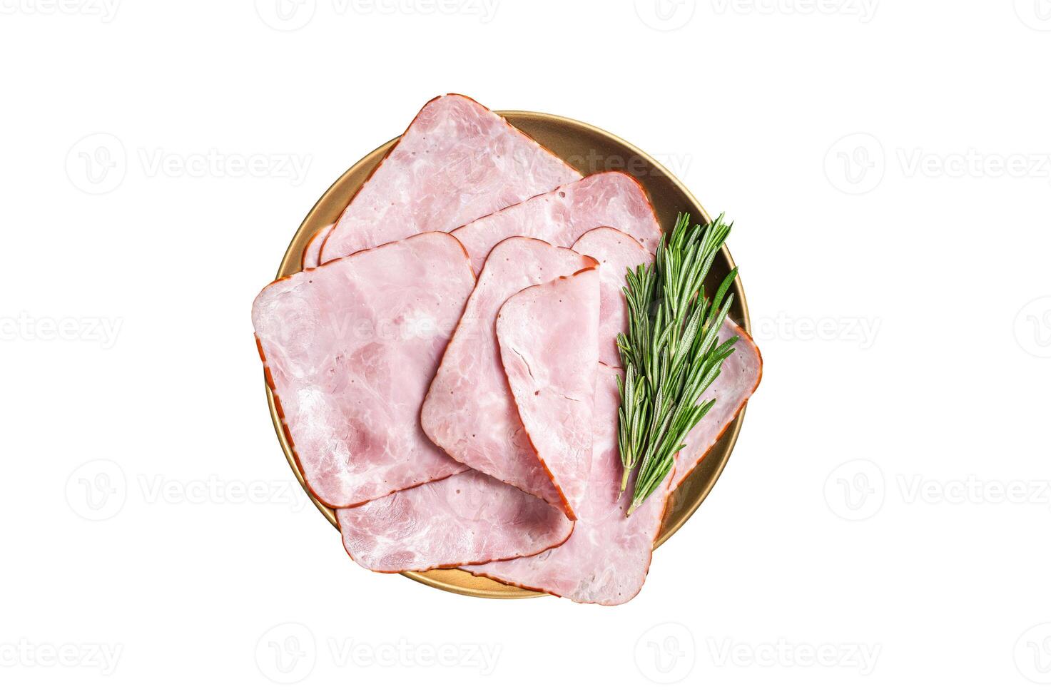 Square Sliced pork meat ham on plate. Isolated on white background. photo