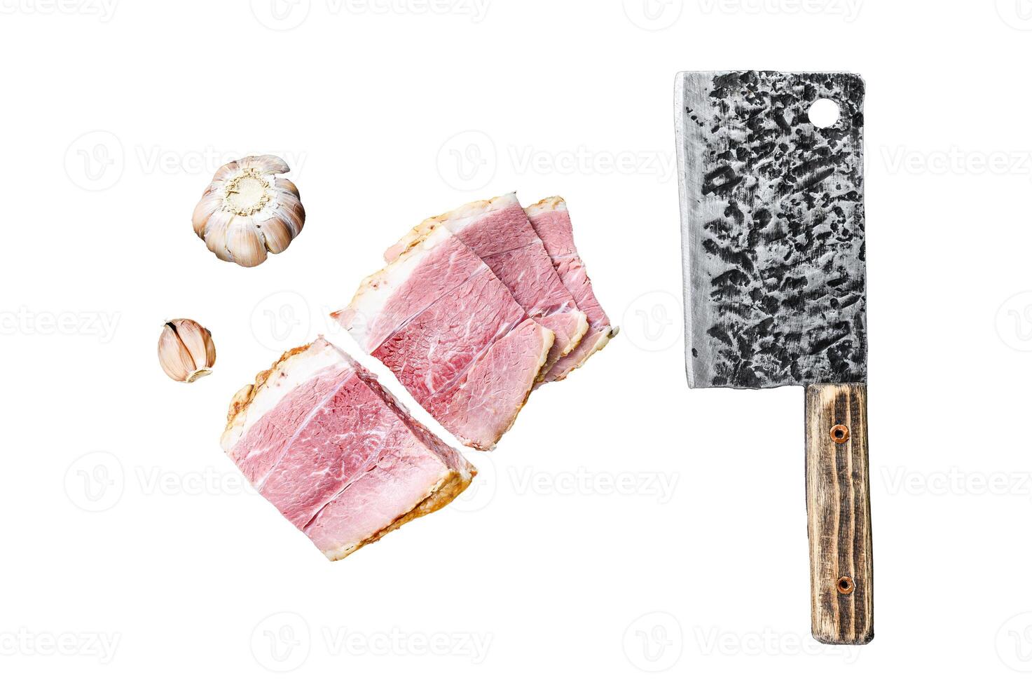 Smoked pork gammon meat slices Isolated on white background, top view. photo