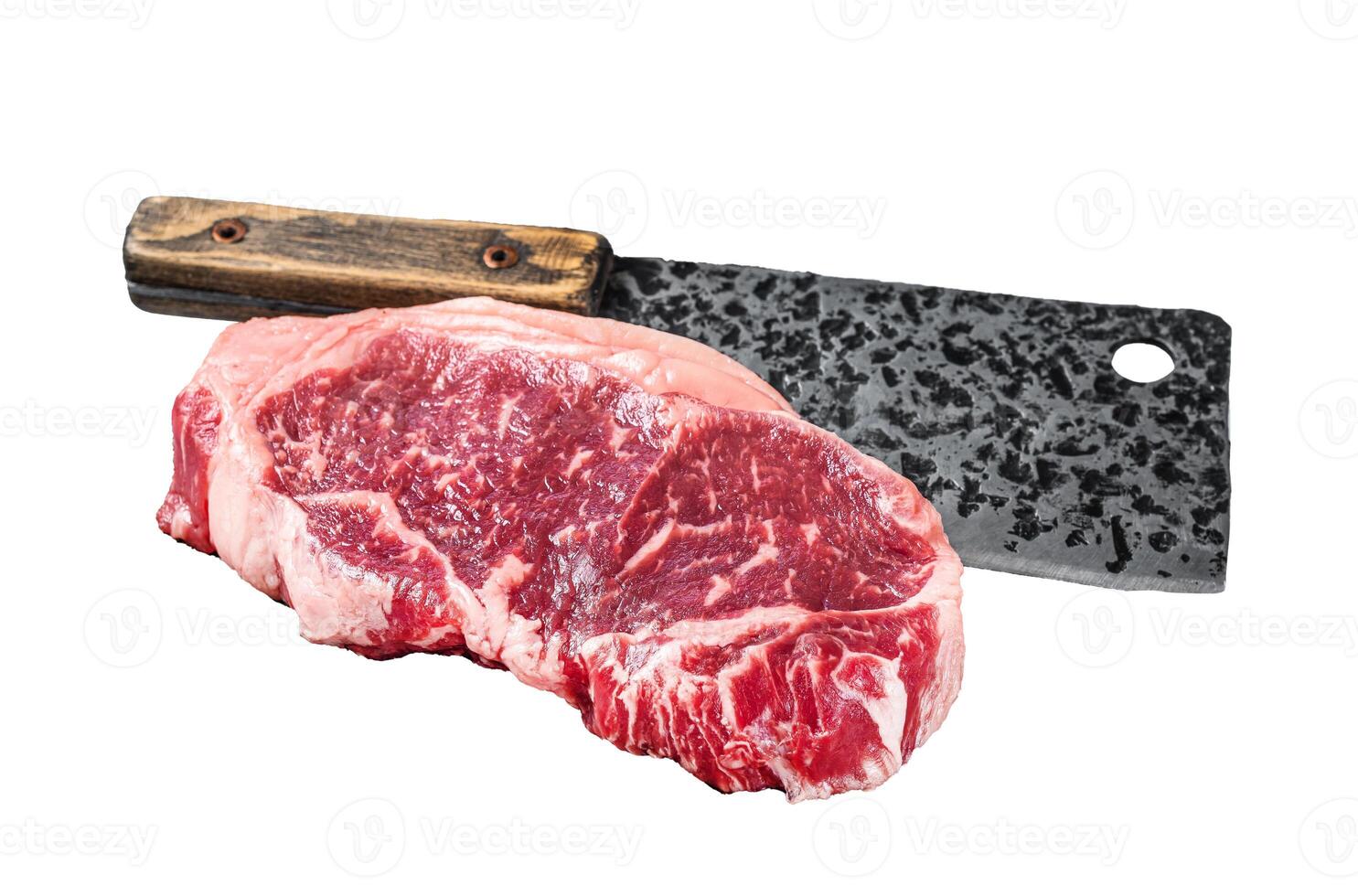 Butcher board with Raw striploin beef meat steak on wooden cutting board. Isolated, white background. photo