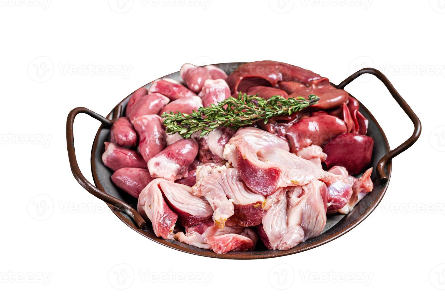 Raw bird giblets meat set, chicken offals, liver, hearts, gizzards Stomach. Isolated on white background. photo