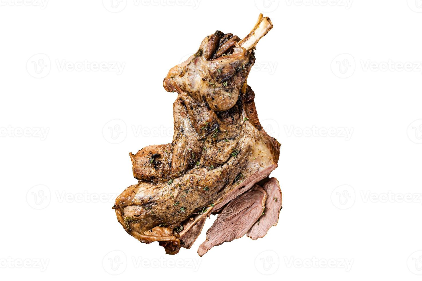 Baked whole lamb shoulder leg with herbs and spices in a steel plate. Isolated, white background. photo