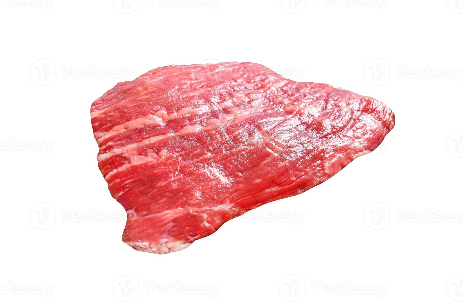 Raw flat iron steak. Marble beef black Angus. Isolated on white background. photo