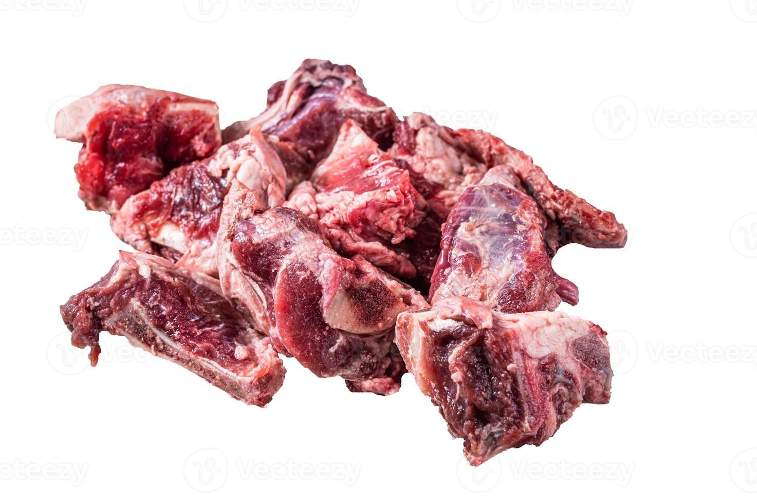 Raw lamb meat stew cuts with bone. High quality Isolate, white background. photo