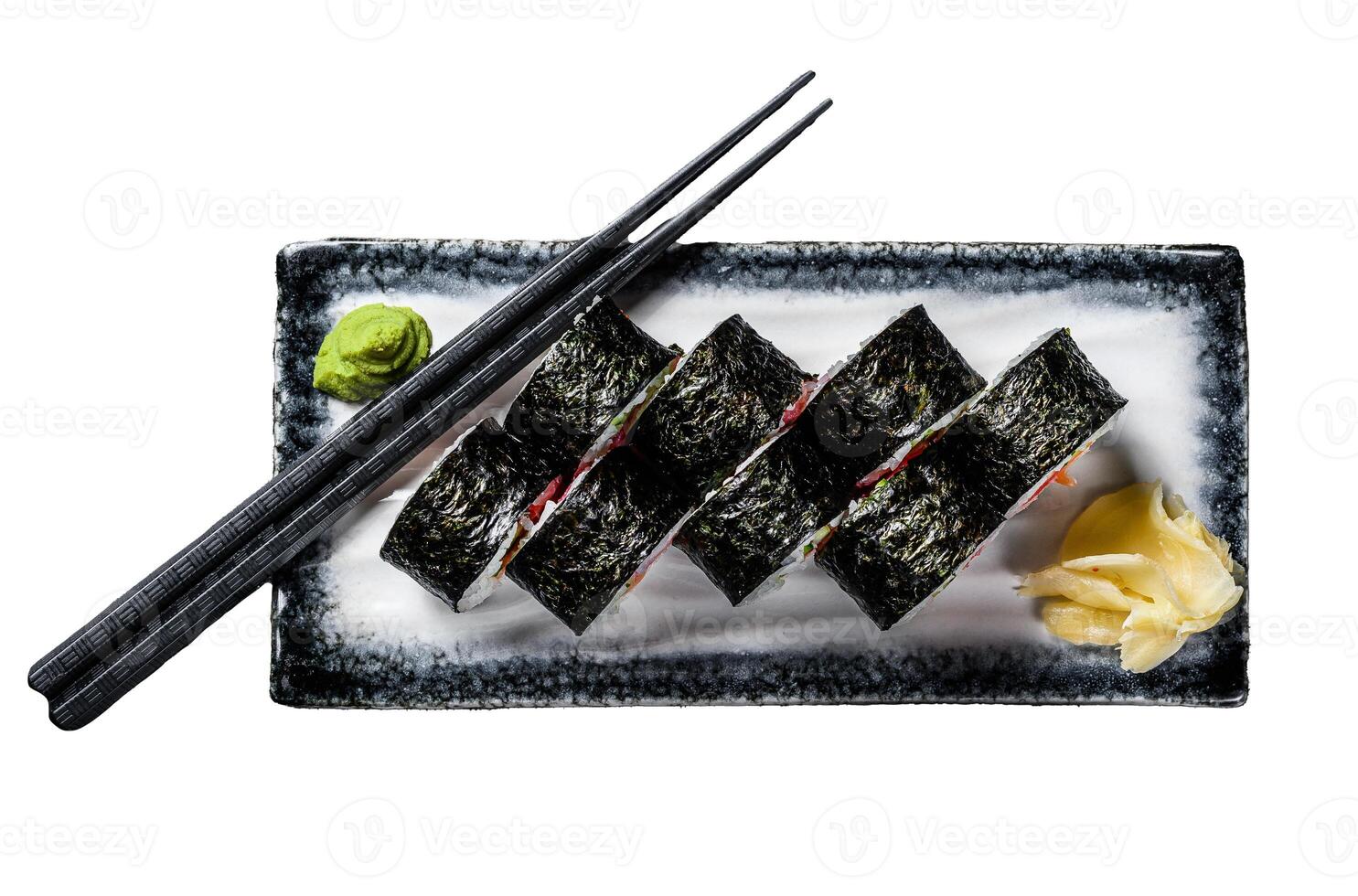 Sushi rolls hosomaki with salmon, avocado and tuna. Isolated on white background. Top view. photo