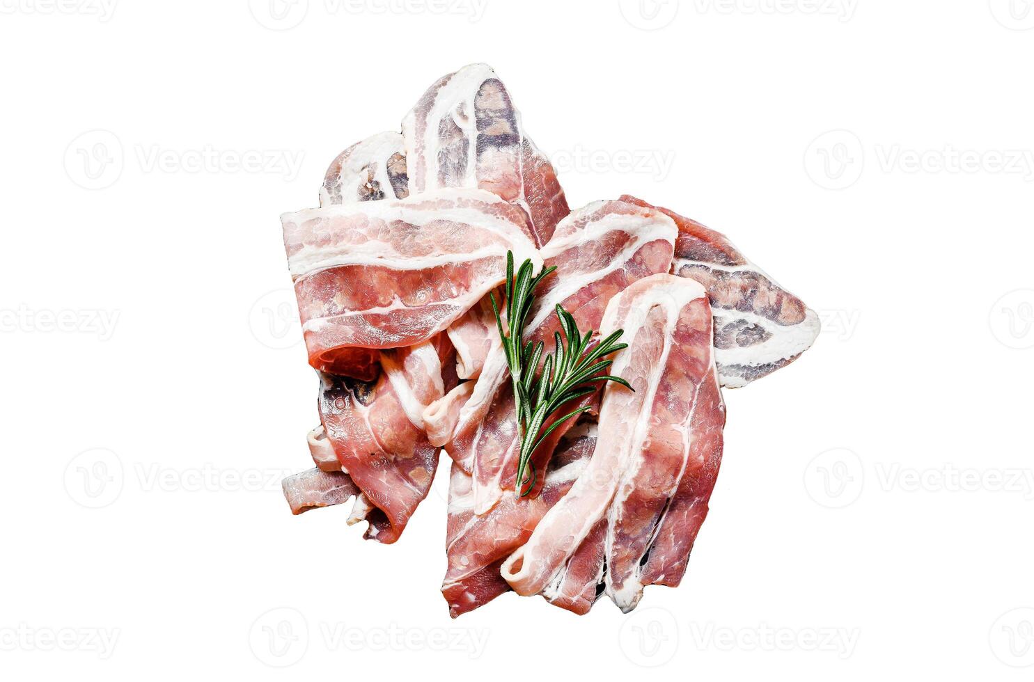 Raw bacon Isolated on white background. Top view. photo