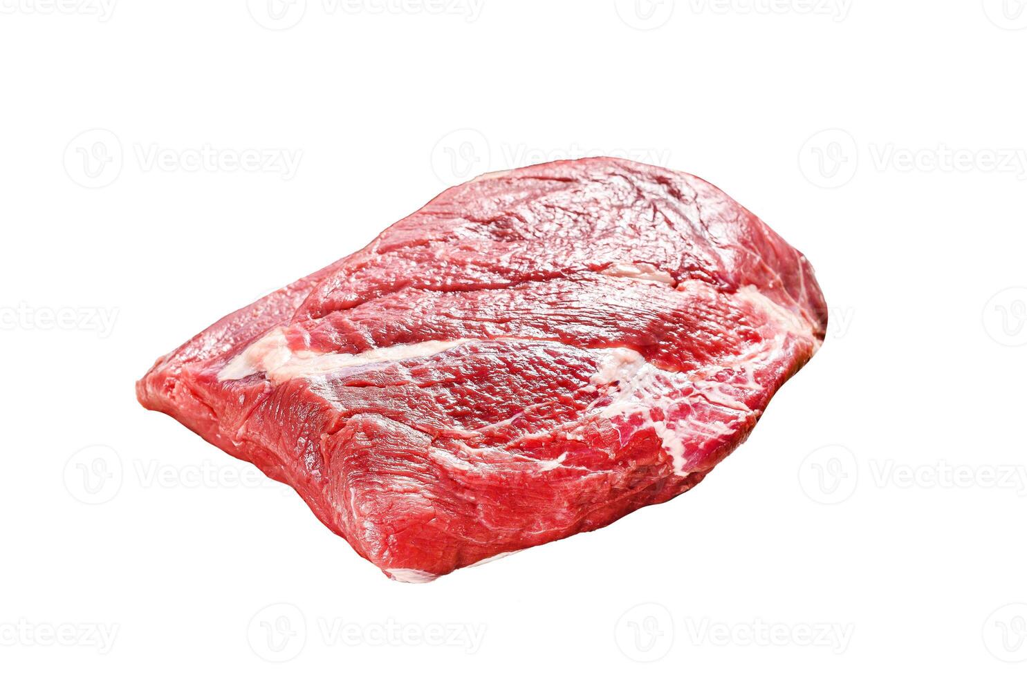 Raw brisket beef cut on a wooden cutting board. Black Angus beef. Isolated on white background. Top view. photo