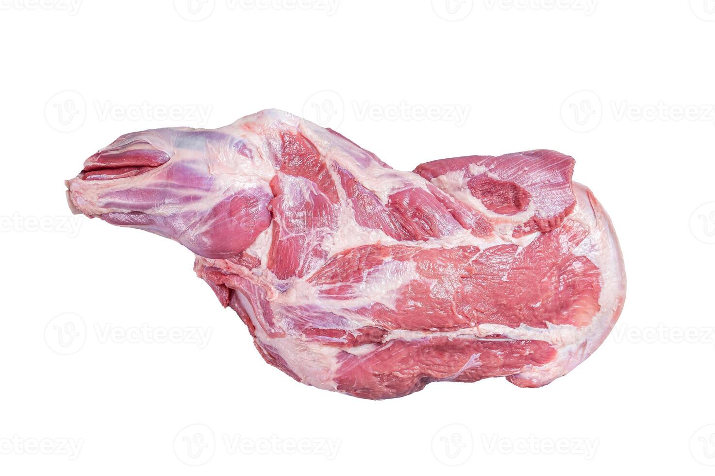 Raw lamb shoulder meat on butcher table. Isolated on white background photo