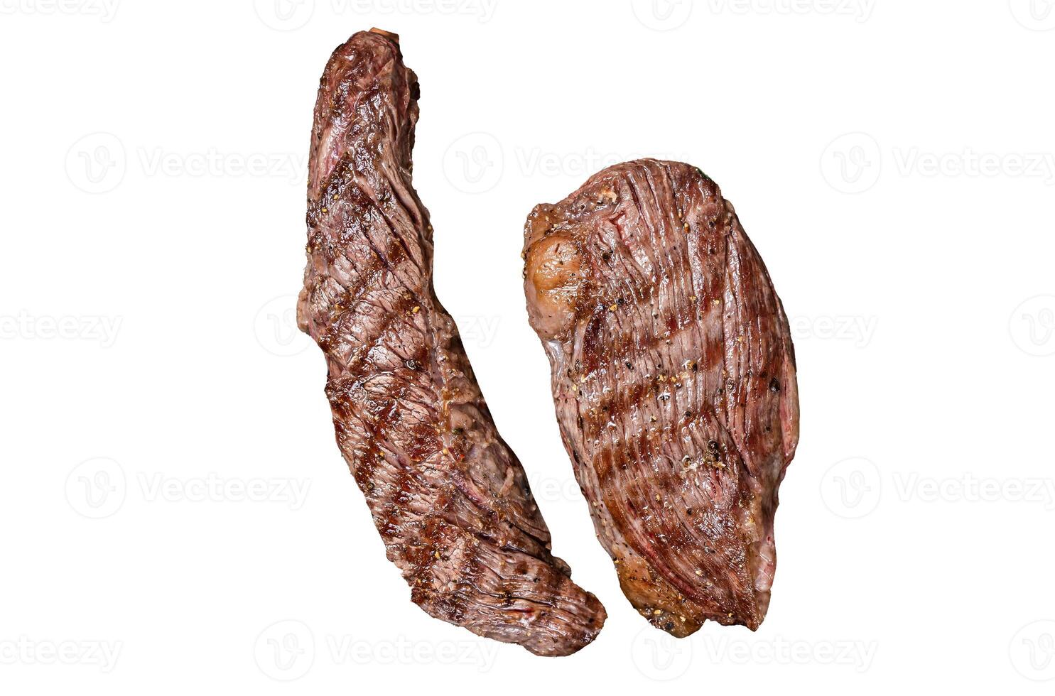 Grilled Sirloin flap or Bavette beef meat steak on a griil with herbs. Isolated, white background. photo