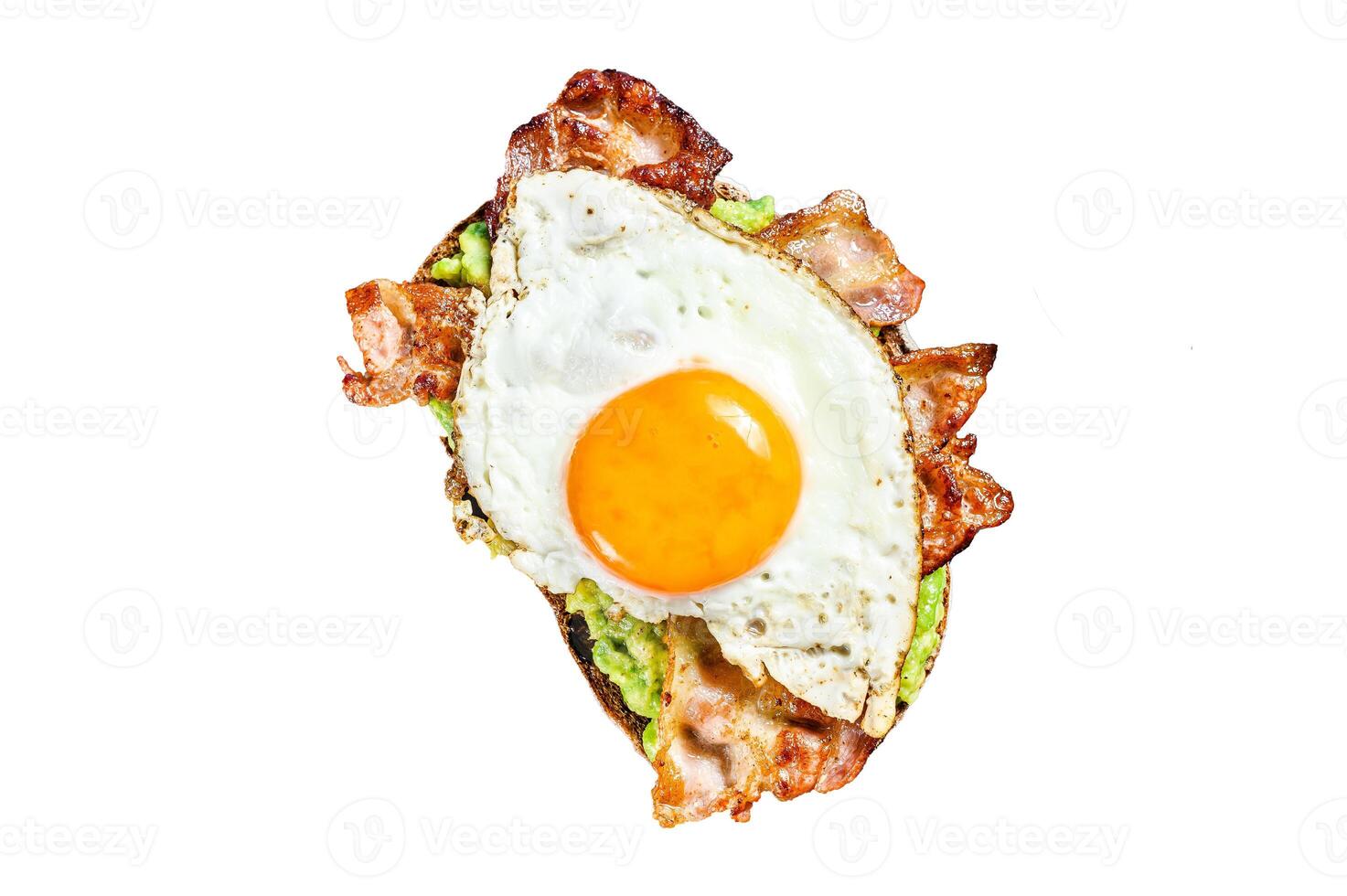 English breakfast, toast with bacon, avocado and egg Isolated on white background. Top view. photo