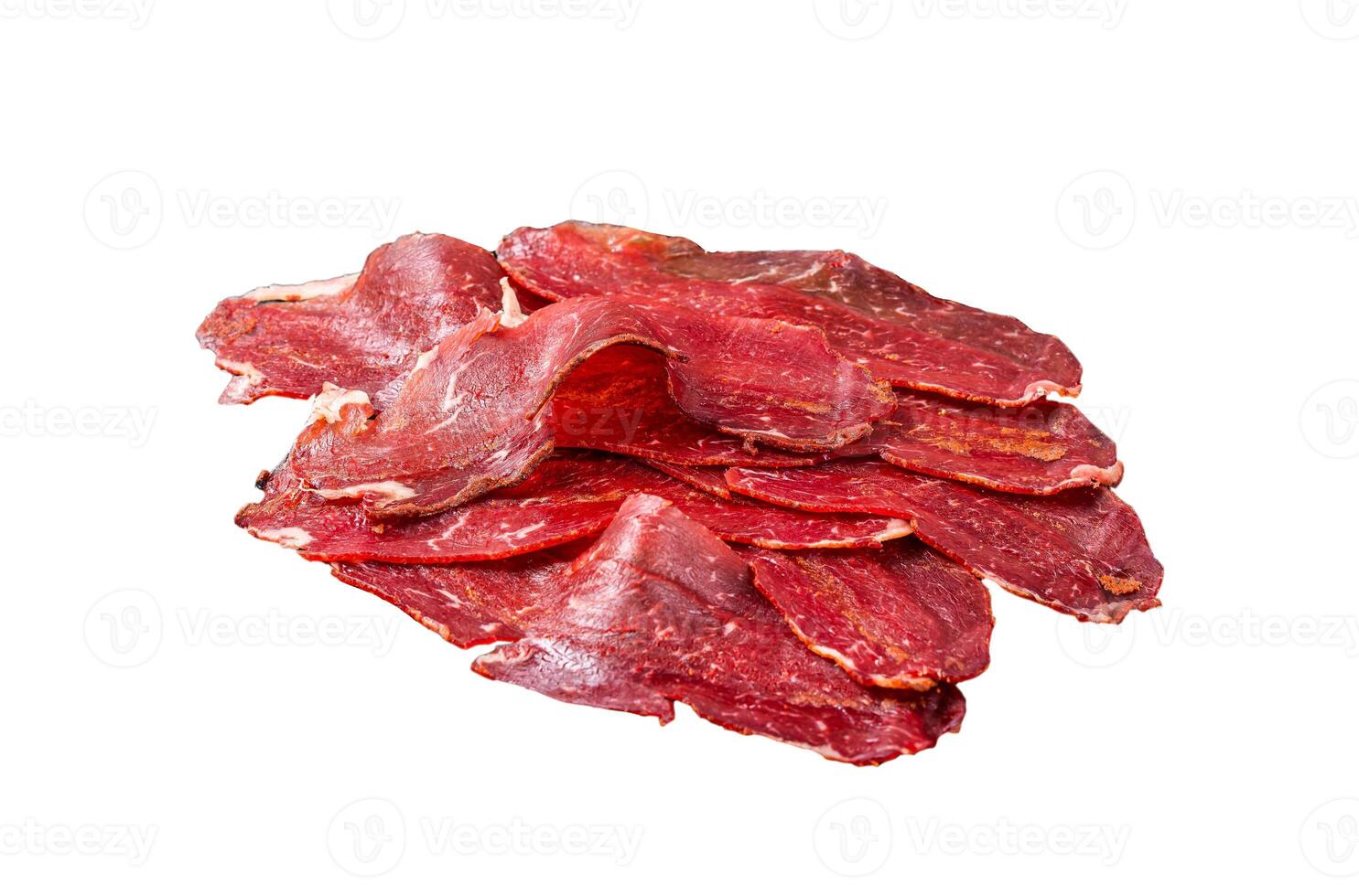 Dried sliced basturma, cured beef meat ready for eat. Isolated on white background. photo