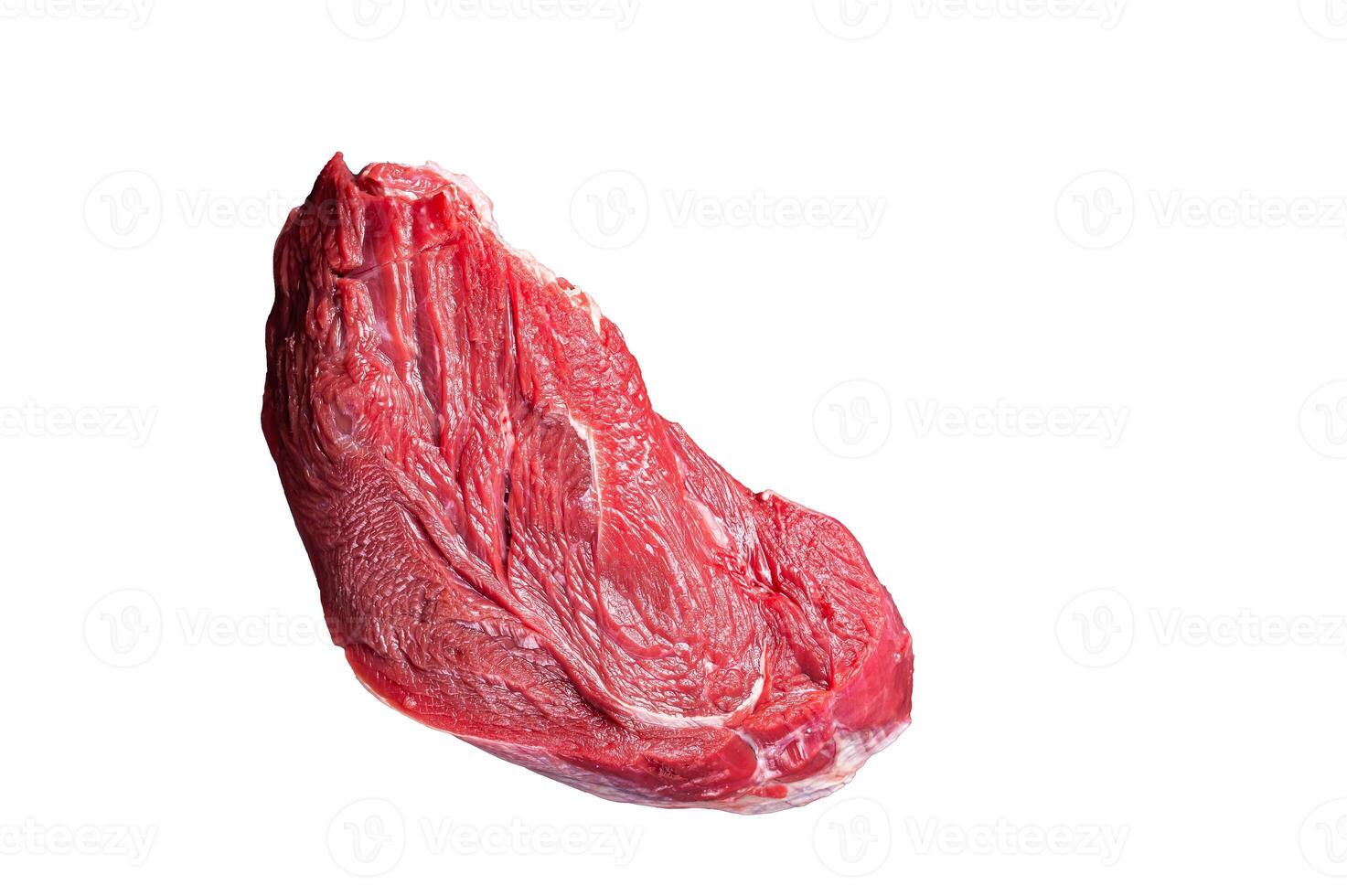 Raw beef meat piece for grilling with spices. Isolated on white background. photo