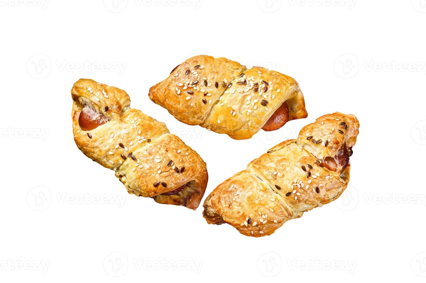 Cutting board with sausage rolls in the dough. Isolated on white background. photo