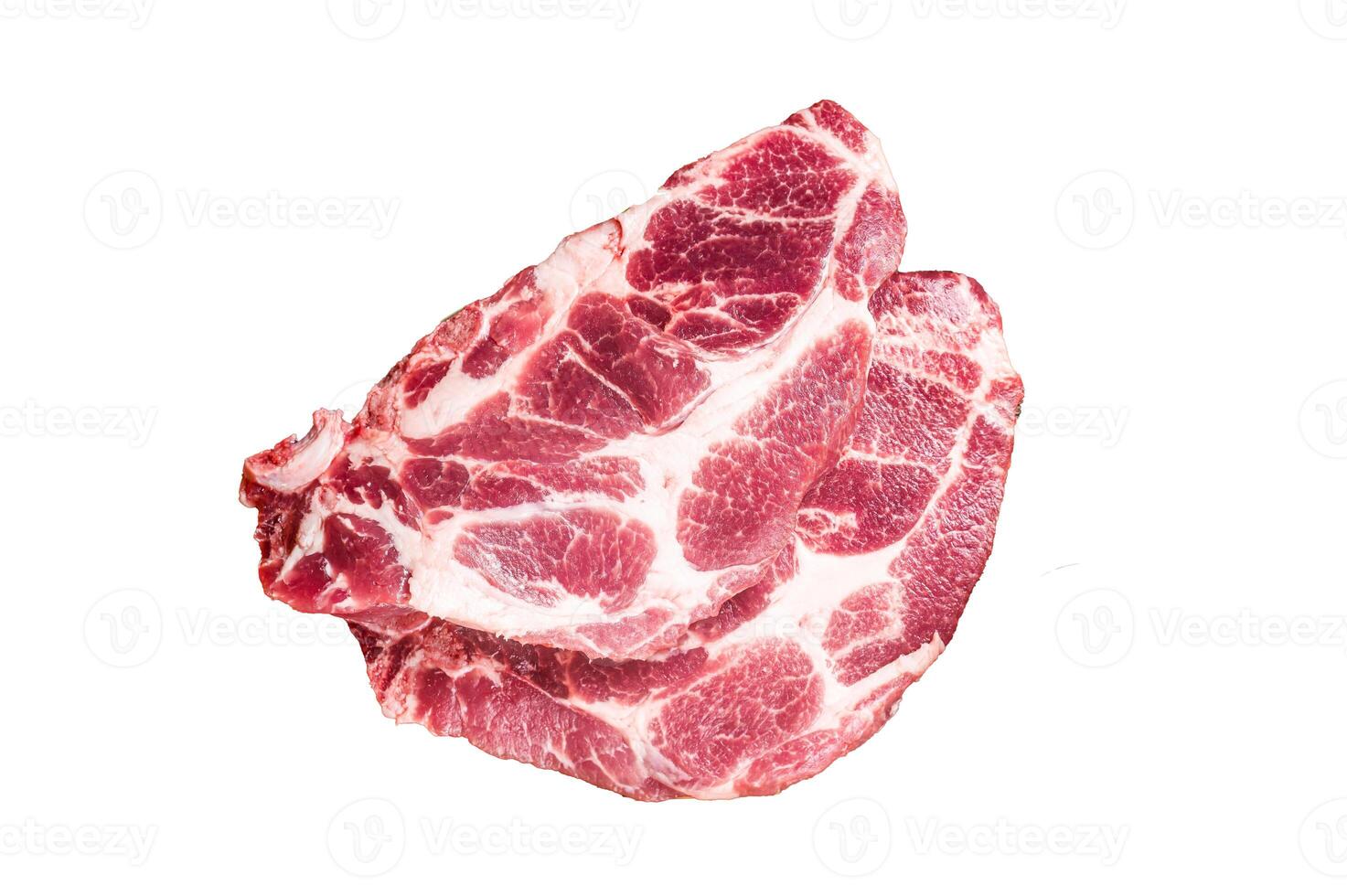 Raw pork steak chops, neck meat with herbs. Isolated, white background. photo
