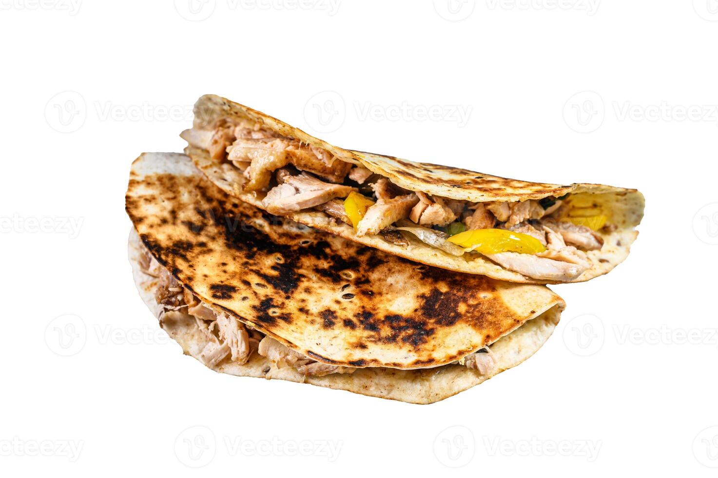 Cheesy Chicken roast Quesadilla. Isolated on white background. photo