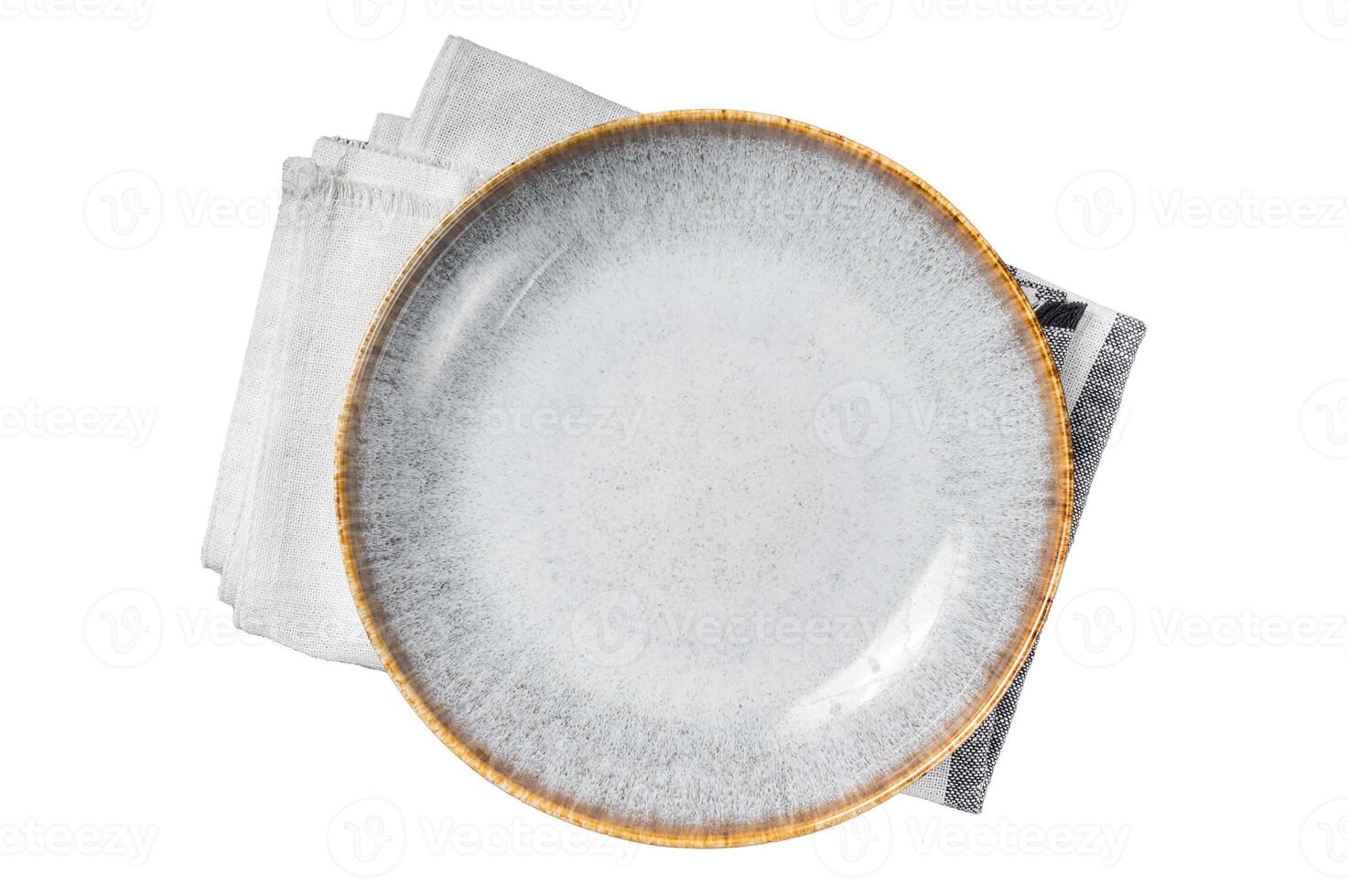 Table setting with vintage empty white plate on rustic wood. Isolated, white background. photo