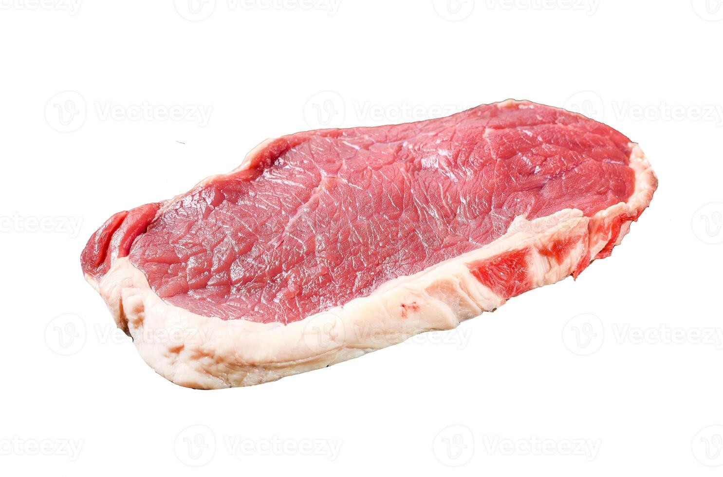 Striploin, strip loin steak or new York. Raw beef. Isolated on white background. Top view. photo