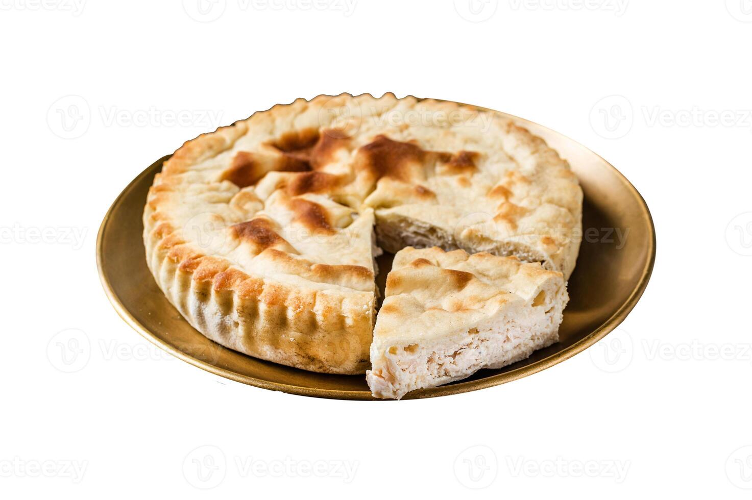Meat pie Kubdari, Tasty Georgian Flat Bread Stuffed with meat. Isolated on white background. Top view. photo