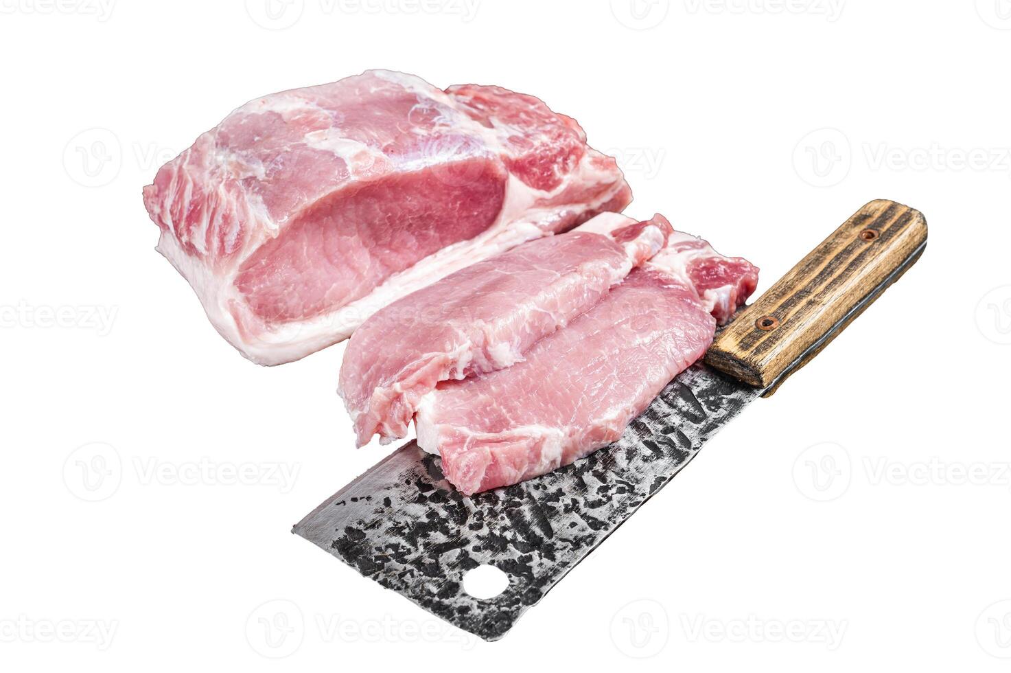 Butcher board with sliced raw pork loin fillet ready for cooking chop steaks. Isolated, white background. photo