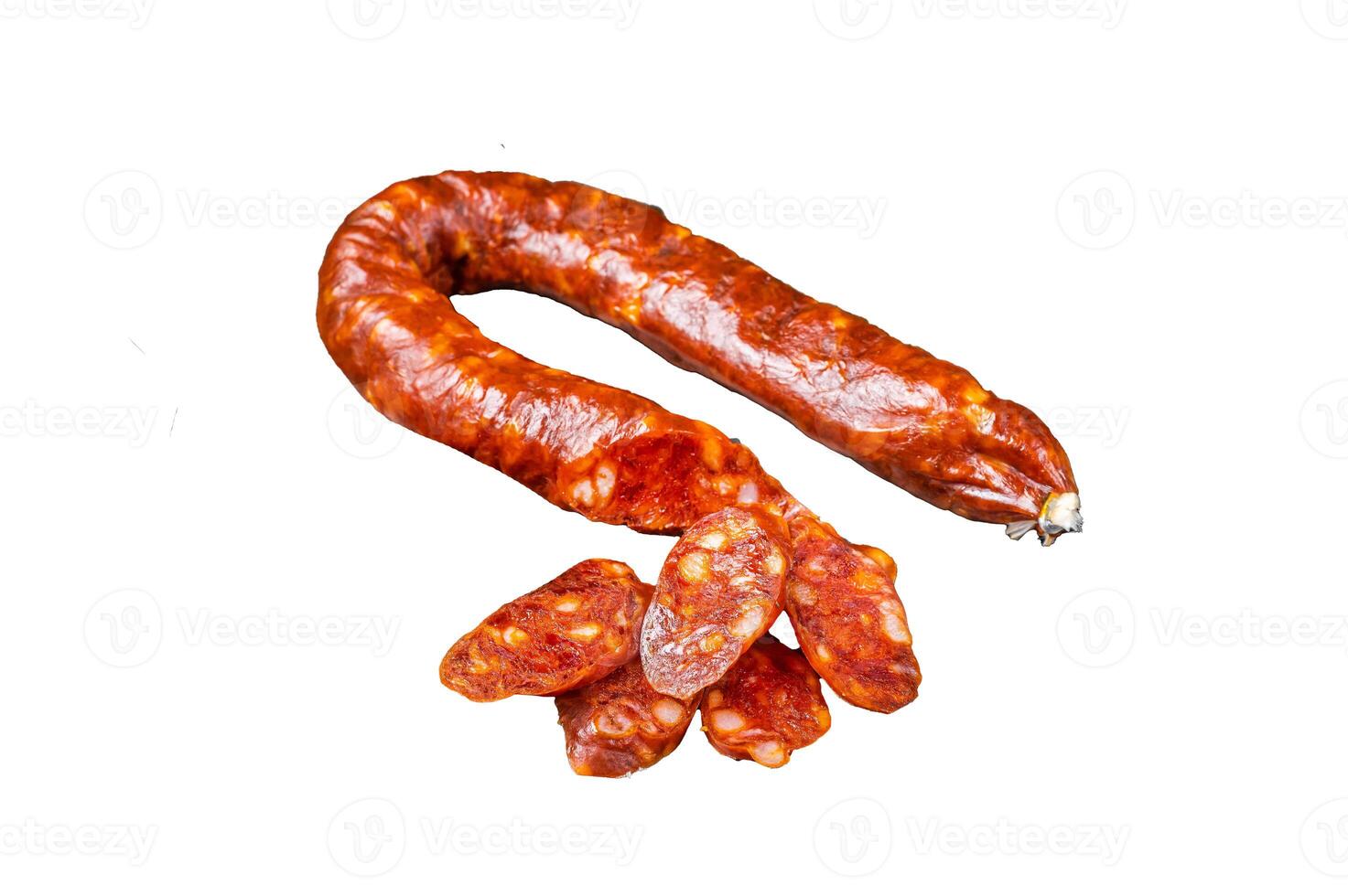 Sliced Chorizo sausage, slices of dry cured pork with herbs and spices. Isolated, white background. photo