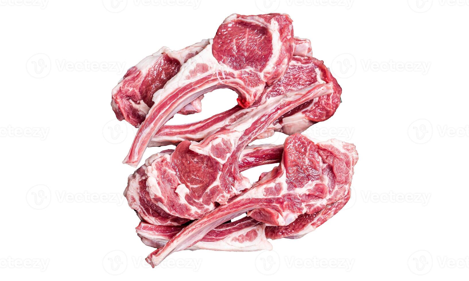 Raw lamb mutton chop steaks, fresh meat cutlets on butcher table. Isolated, white background. photo