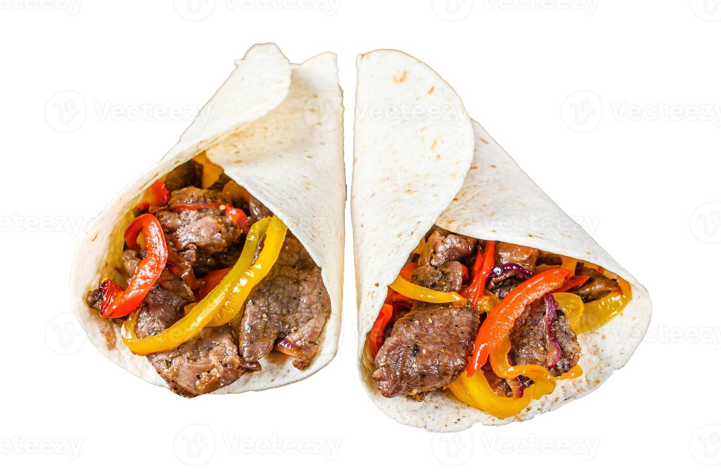 Fajitas Tortilla wrap with beef meat stripes, colored bell pepper and onions and salsa. Isolated on white background, Top view. photo