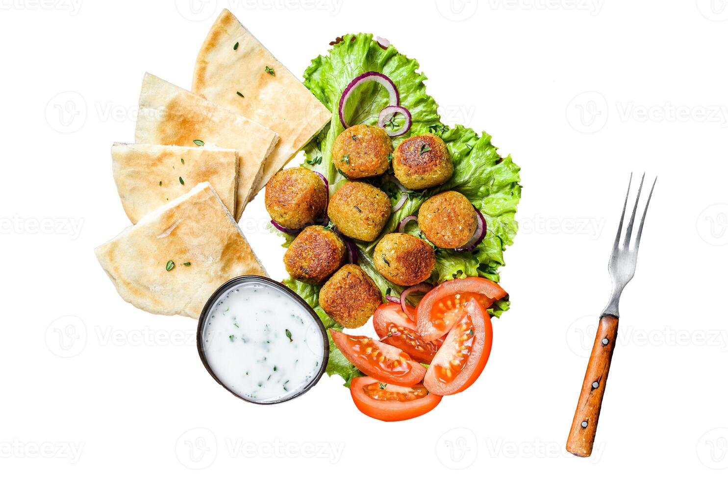 Vegetarian falafel with pita bread, fresh vegetables and sauce Isolated on white background, top view. photo