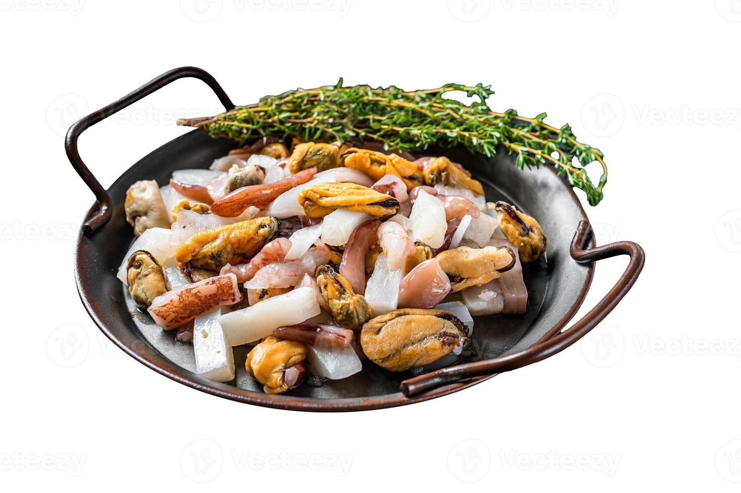 Raw Seafood mix, sea cocktail of fresh mussels, clams, squid, octopus, shrimps and prawn. Isolated on white background. Top view. photo