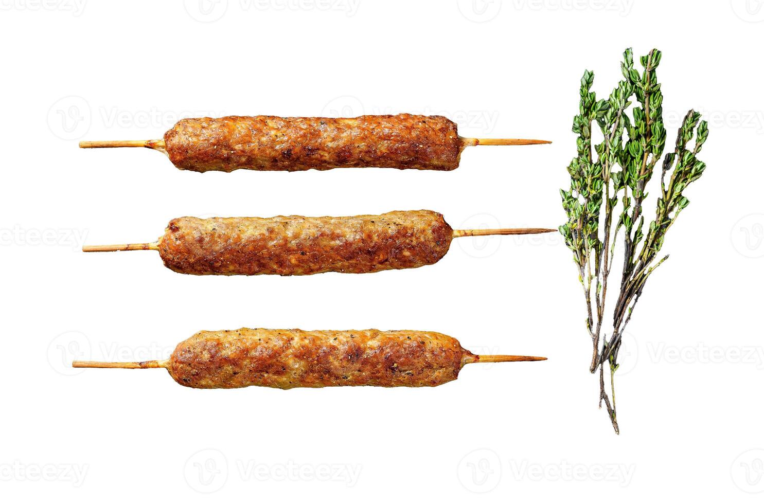 Lula kebab. Shish kebab on a stick, from ground beef meat. Isolated on white background. Top view. photo