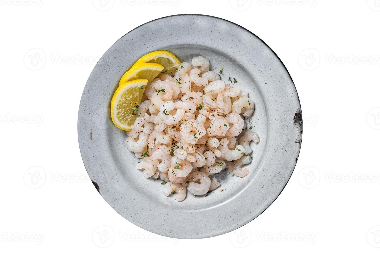 Boiled shrimps seafood with lemon, herbs and spice, prawns peeled. Isolated on white background. photo