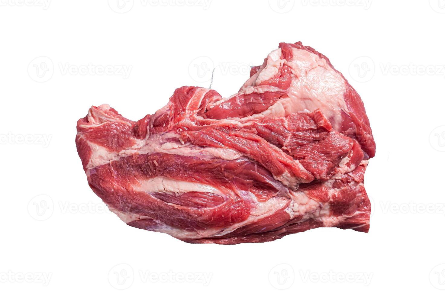 Boneless Raw lamb neck meat on a butcher table. High quality Isolate, white background. photo