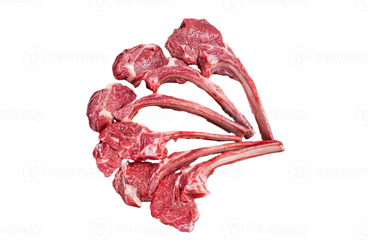 Lamb chop rib steak, raw mutton meat cutlet in golden plate. Isolated, white background. photo