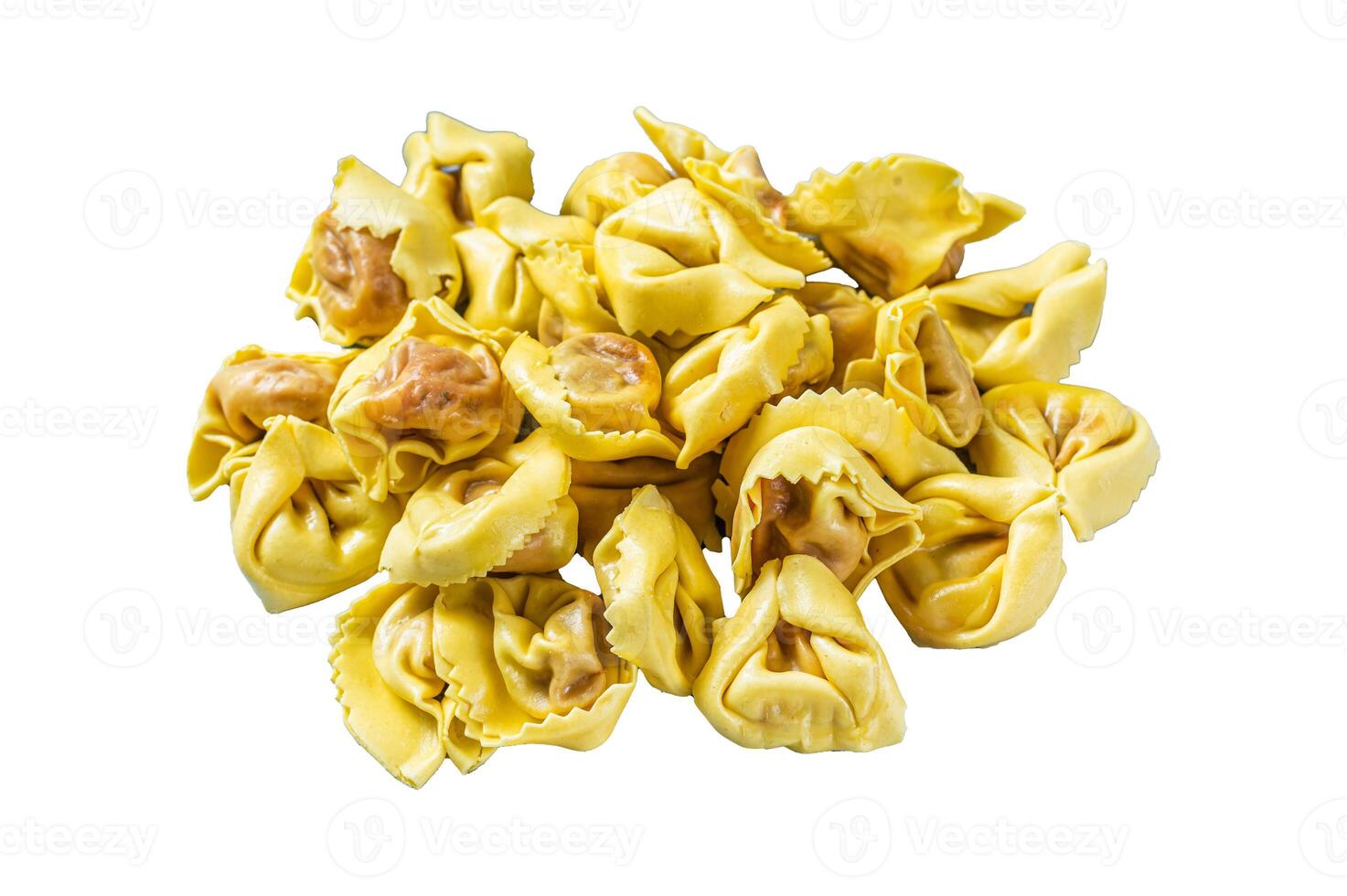 Uncooked raw ravioli with Mozzarella and Tomato. Isolated on white background, top view. photo