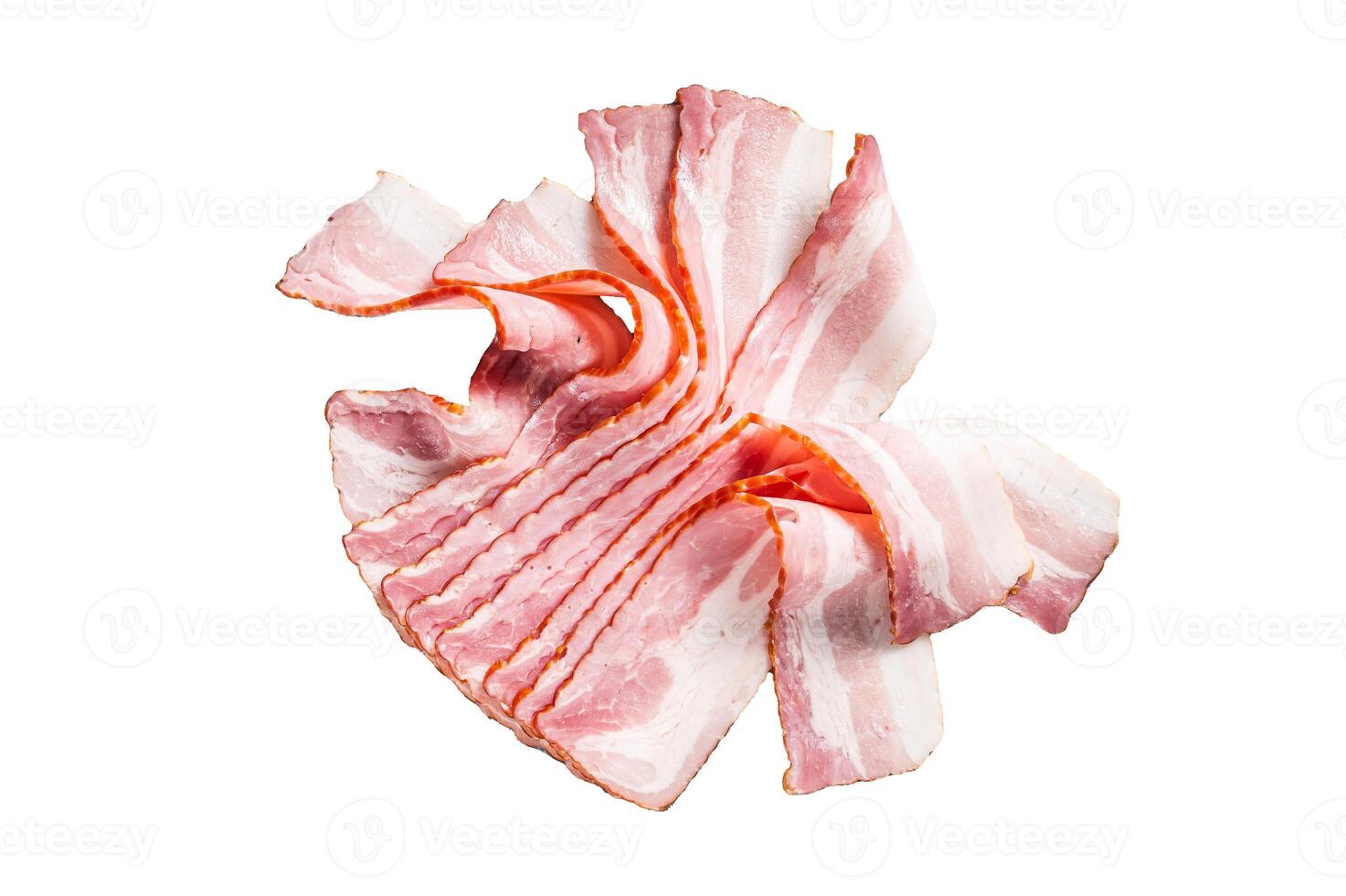 Raw bacon strips of pork meat. Isolated on white background, top view. photo