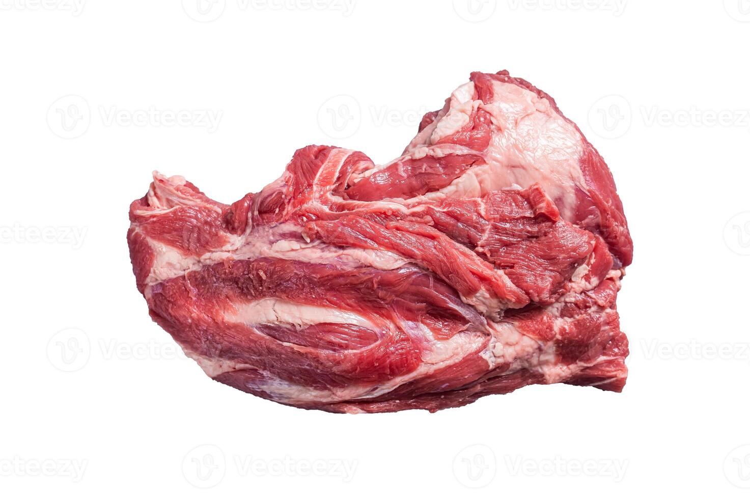 Boneless Raw lamb neck meat on a butcher table. Isolated on white background. photo