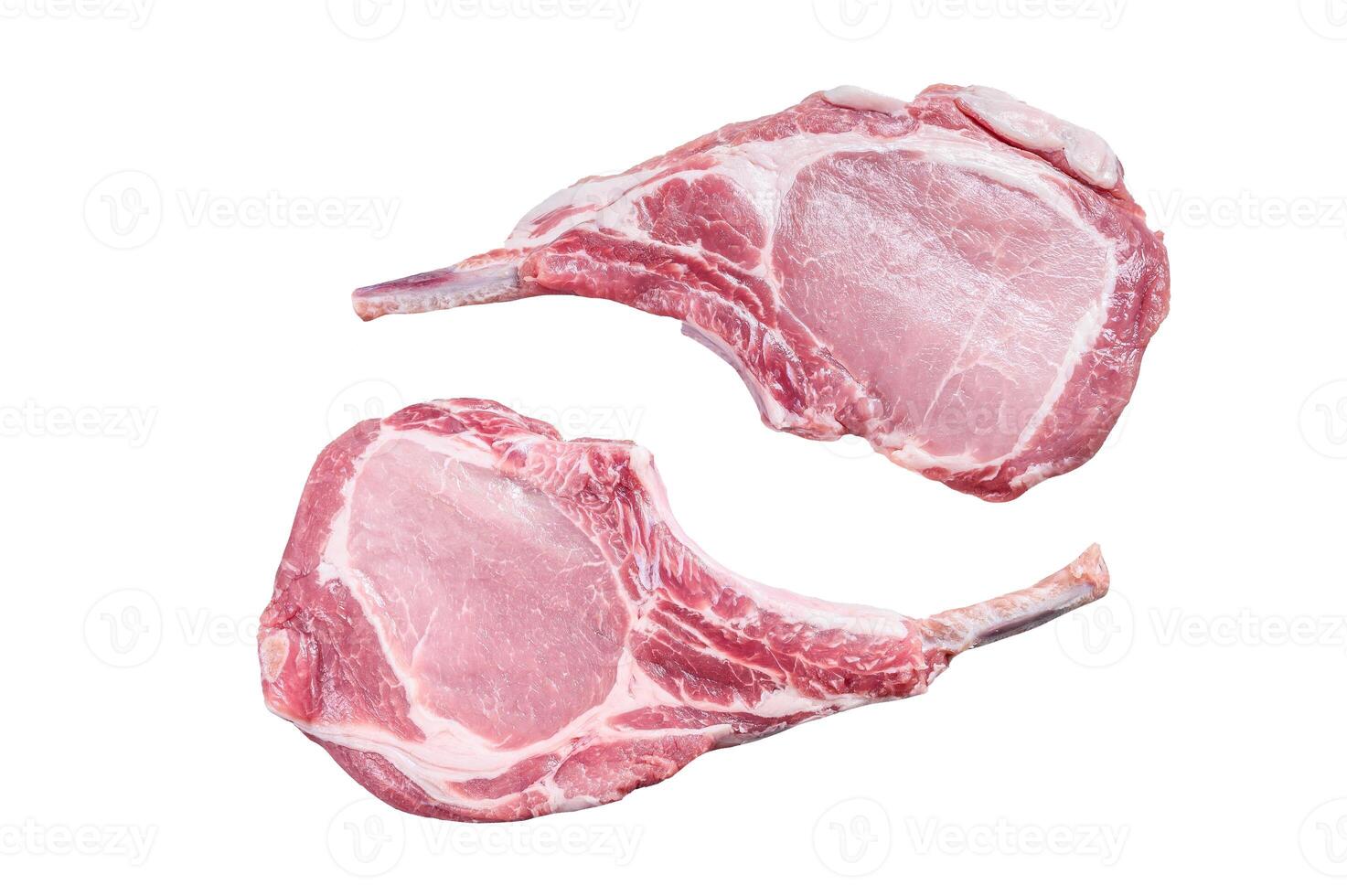 Raw dry aged tomahawk pork chop steak. Isolated on white background. photo