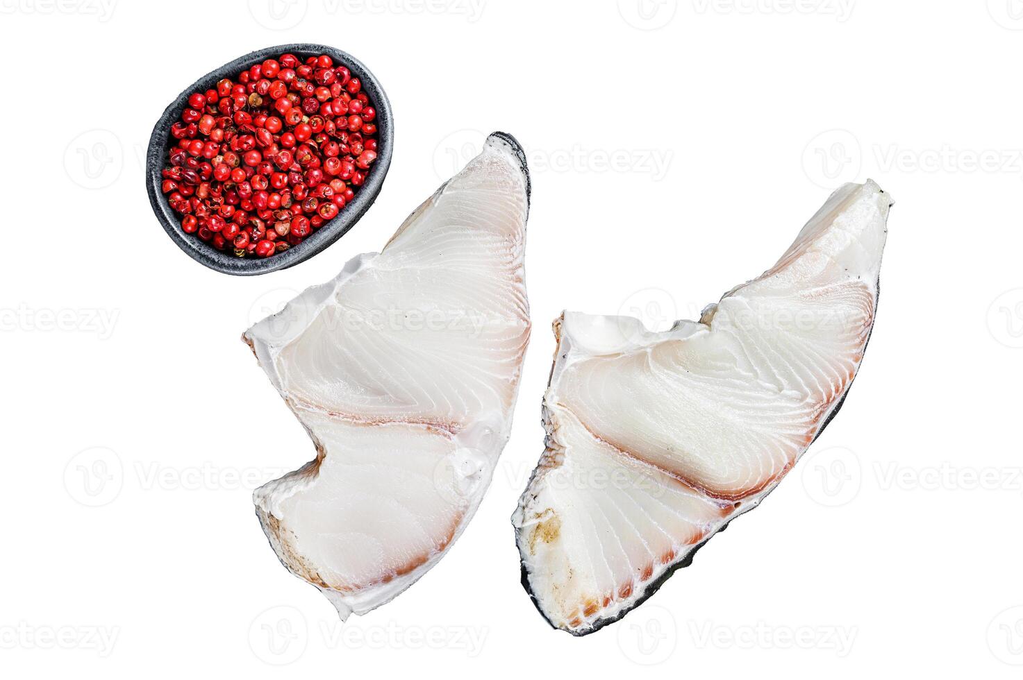 Raw Shark fish steaks Isolated on white background, top view. photo