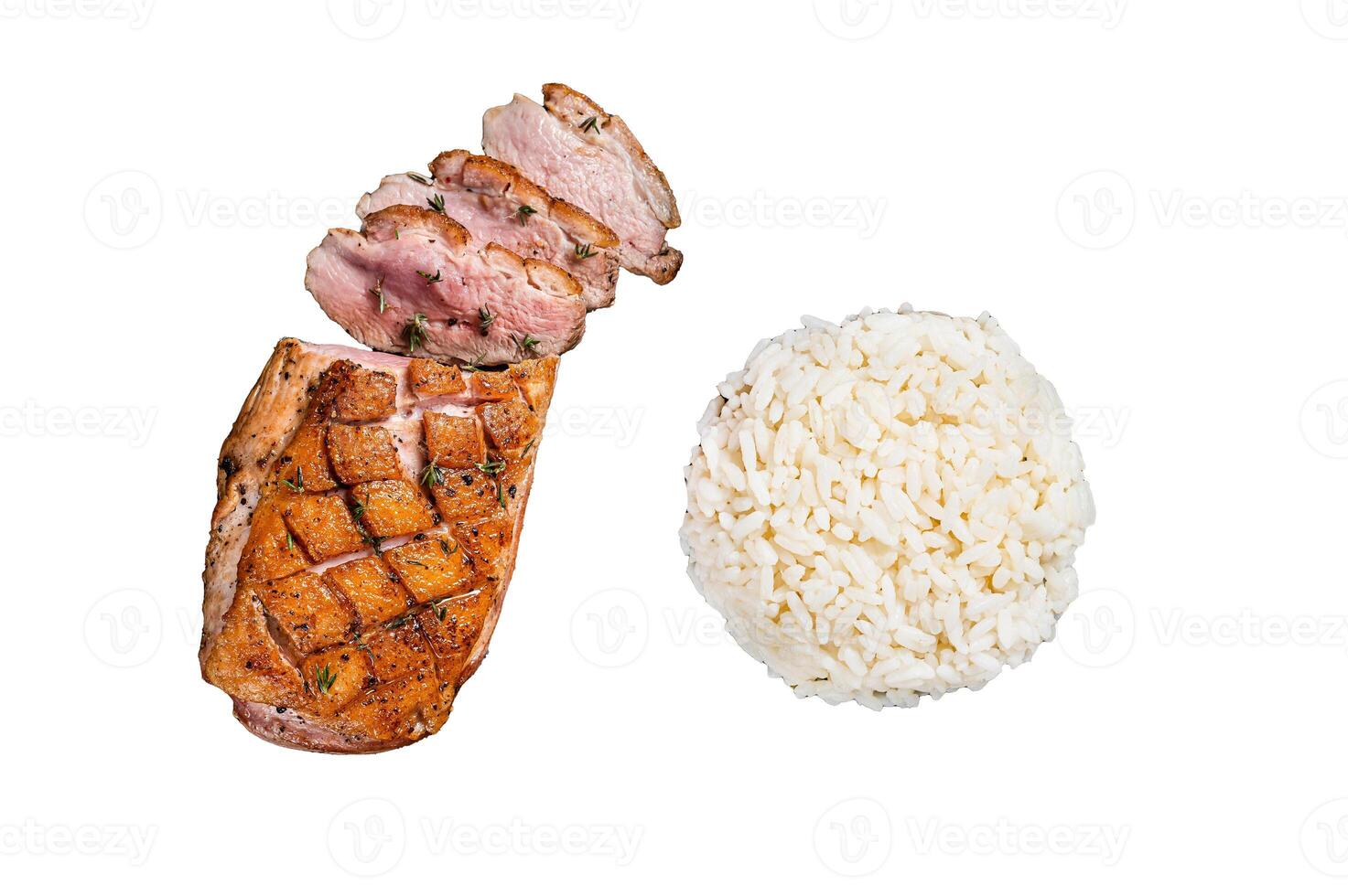 Roasted Duck breast steak, poultry fillet meat with sauce and rice. Isolated on white background, top view. photo
