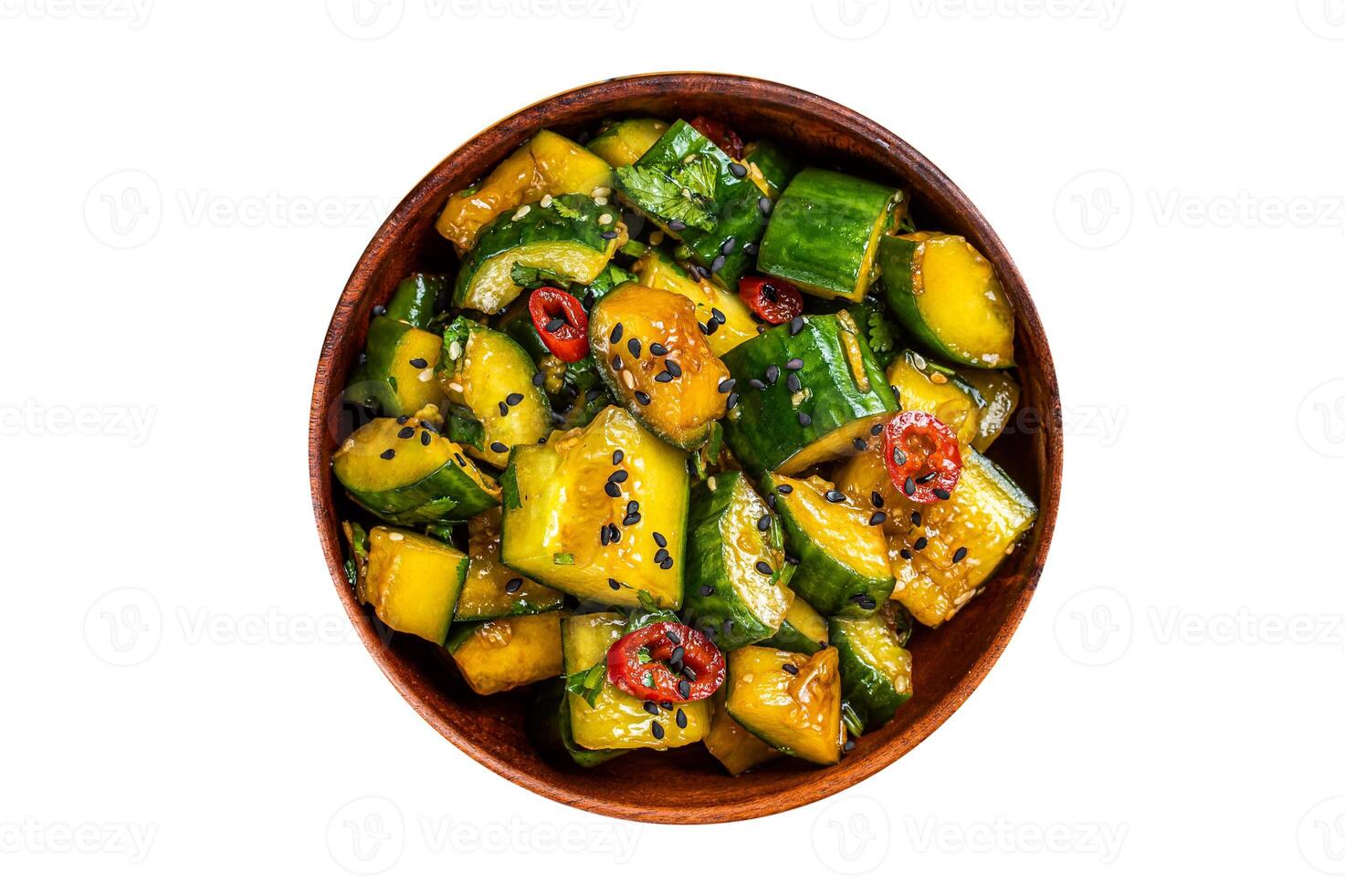 Pai huang gua Chinese Smashed Cucumber salad. Isolated on white background. photo