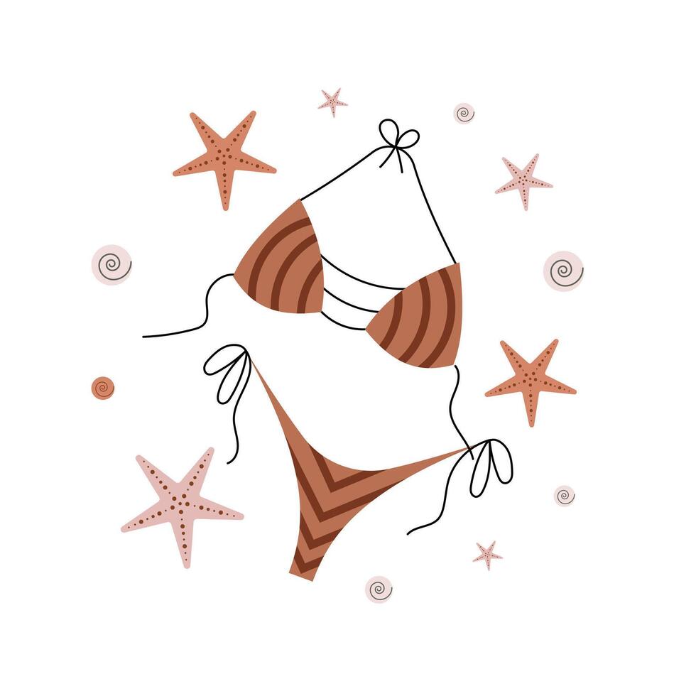 Swimsuit featuring starfish and seashell motifs. Marine-themed summer design. illustration vector