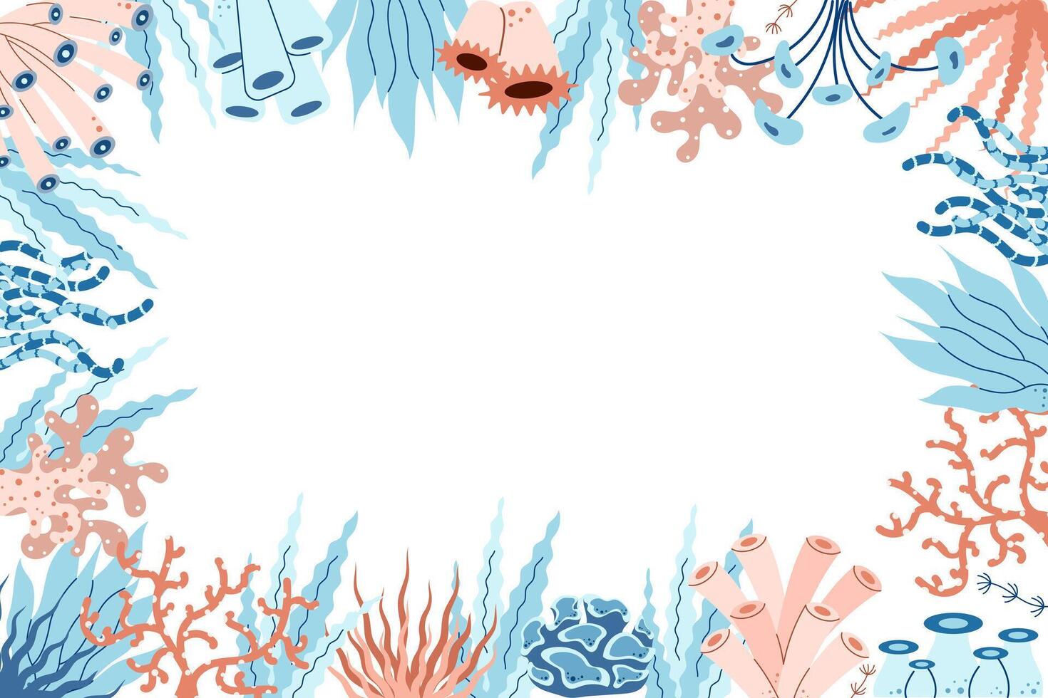 Background with seaweed, corals and algae. Place for text. Underwater world and ocean exotic. illustration vector