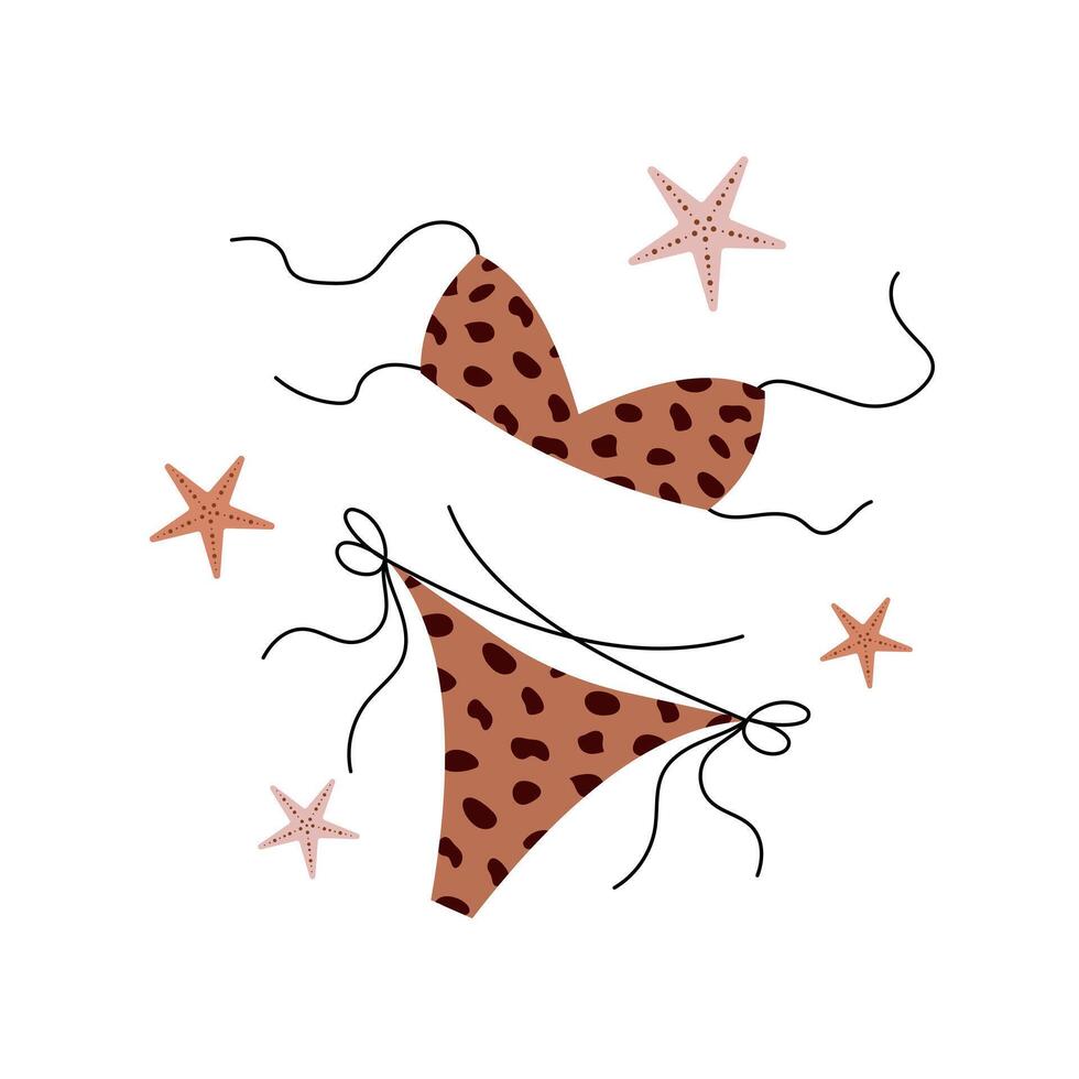 Beach swimsuit decorated with shells and starfish. Perfect for summer holidays. art on white background vector