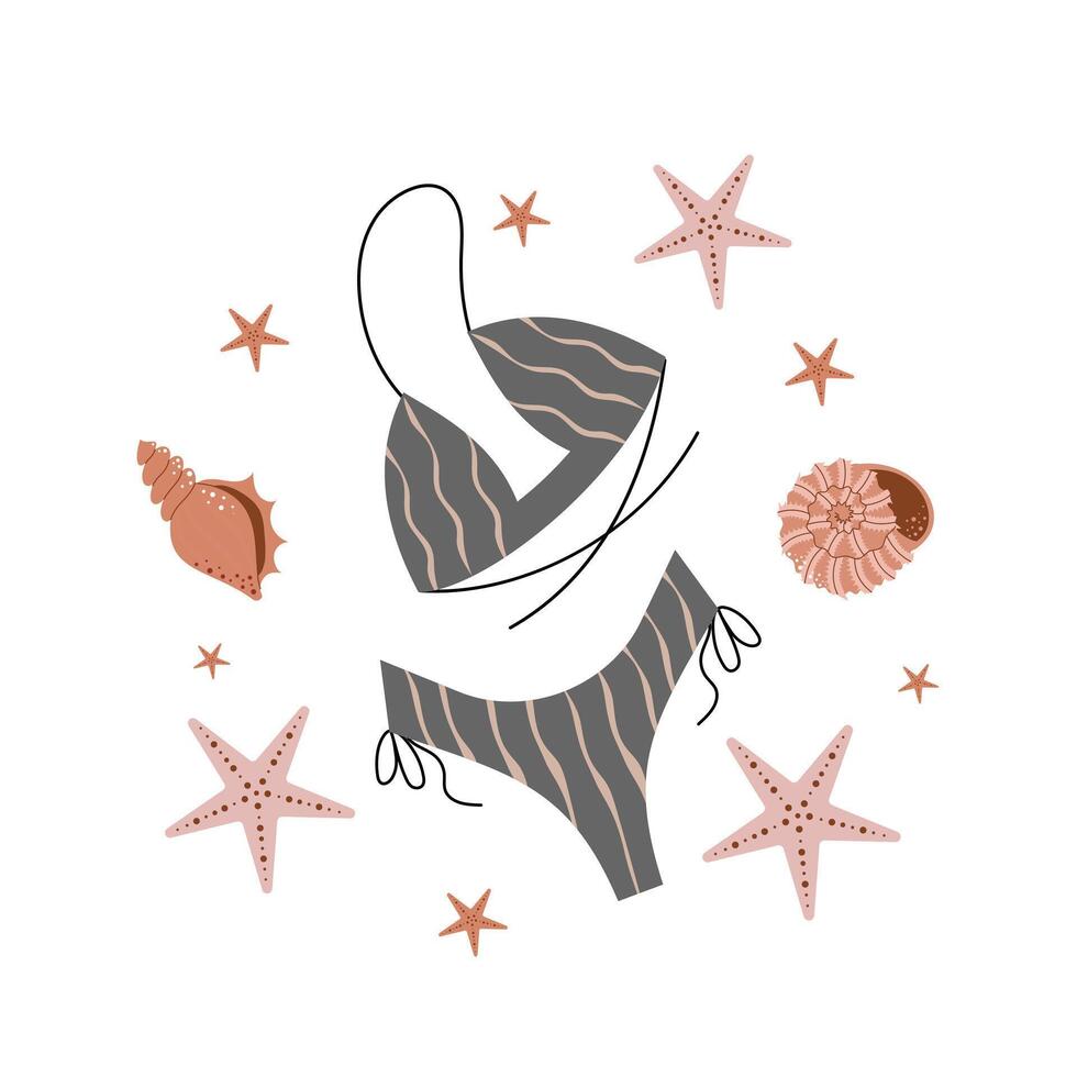 Summer swimsuit adorned with starfish and seashells. Tropical beach vibe. illustration on white background vector