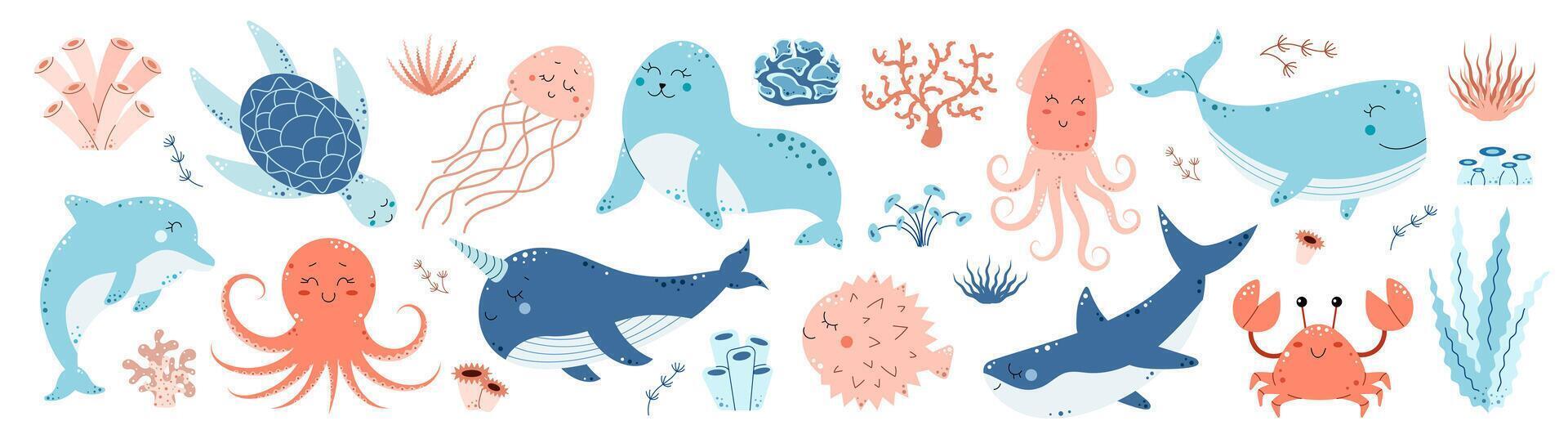 Set of sea animals and algae. Underwater world. Marine life. Ocean exotic. Dolphin, seal, shark, whale, crab, jellyfish, squid, turtle, octopus, narwhal, pufferfish. illustration vector