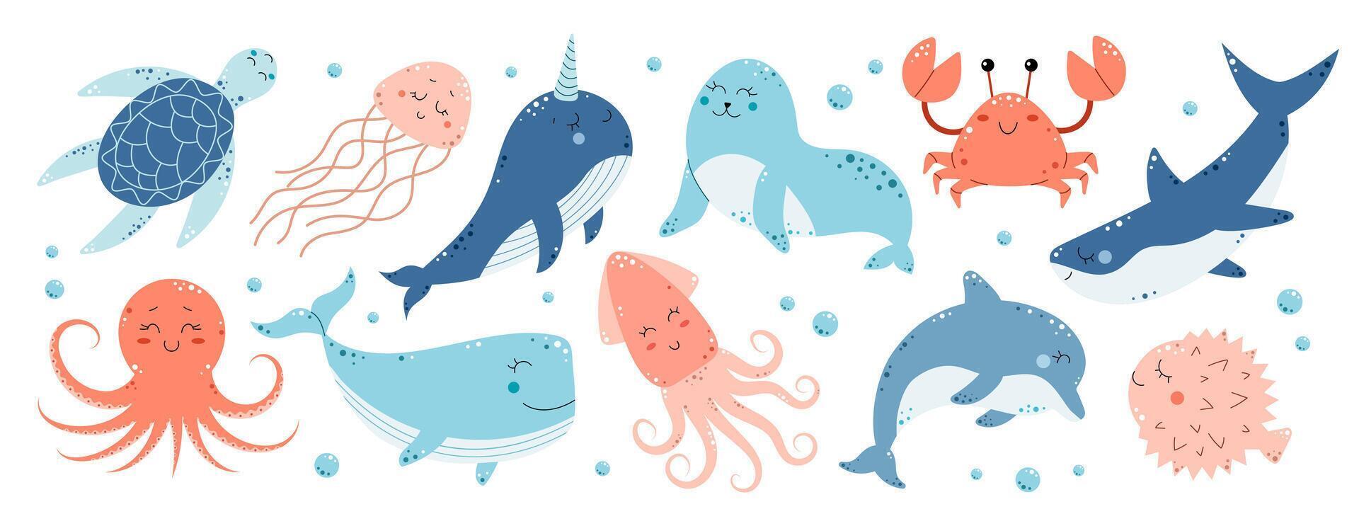 Set of sea animals. Underwater world. Marine life. Ocean exotic. Dolphin, seal, shark, whale, crab, jellyfish, squid, turtle, octopus, narwhal, pufferfish. illustration vector