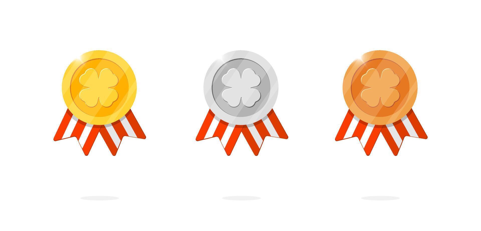 Gaming achievement medal icon set with four leaf clover symbol and red striped ribbon. Winner place gold, silver, bronze ranking and quality medallion in luck theme. Game leader bonus animation badge vector