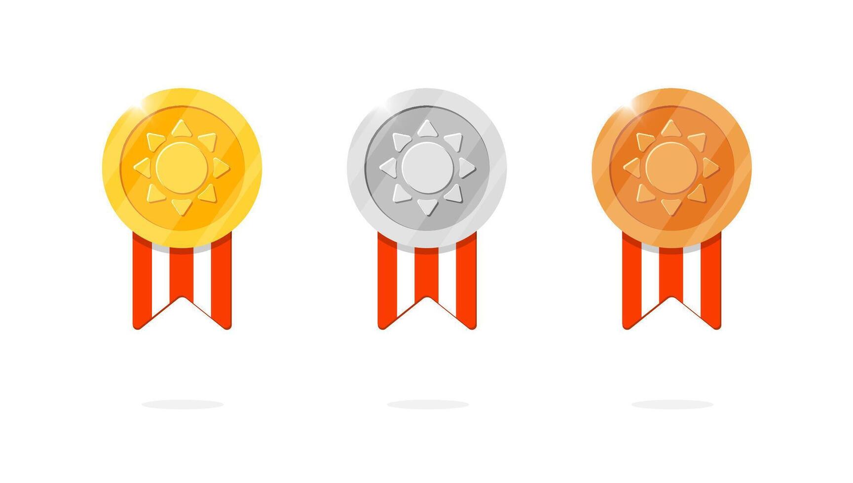 Gaming achievement medal badge set with ancient sun symbol and red striped ribbon. Gold, silver, bronze ranking medallion in ancient myth theme. Game leader bonus and winner place prize icon kit vector