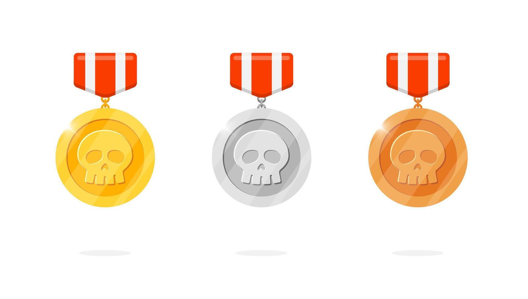 Gaming achievement award hanging medal badge set with skull symbol and red striped ribbon. Winner place gold, silver, bronze ranking medallion in pirate theme. Perfect for game leader bonus animation vector