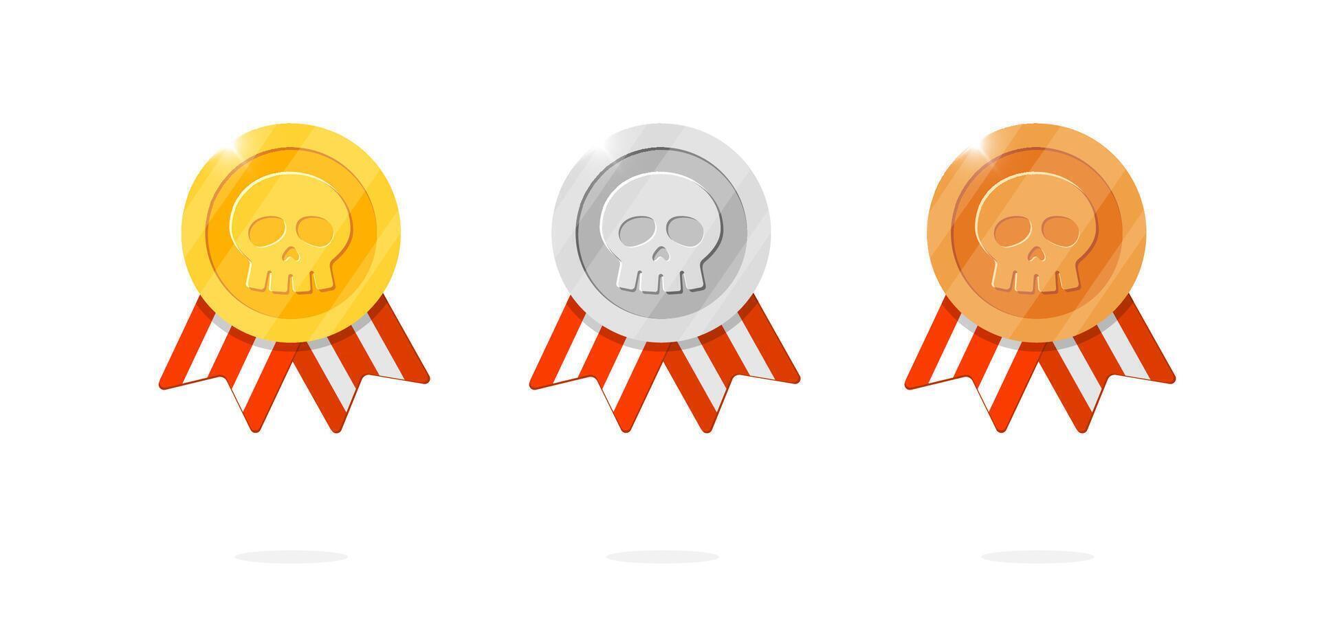 Gaming achievement award medal icon set with skull symbol and red striped ribbon. Winner place gold, silver, bronze ranking and quality medallion in pirate theme. Game leader bonus animation badge vector