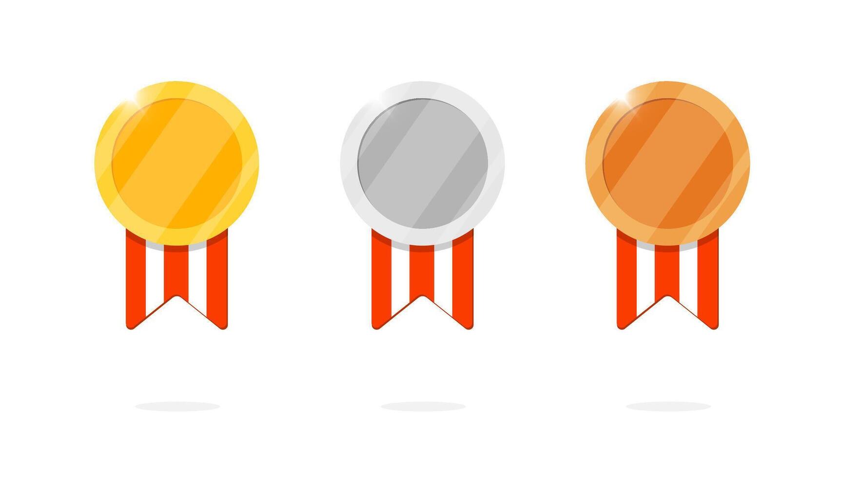 Gold silver bronze blank medal reward set and striped ribbon for game or apps animation design. First second third place bonus achievement award. Winner trophy isolated flat eps illustration vector