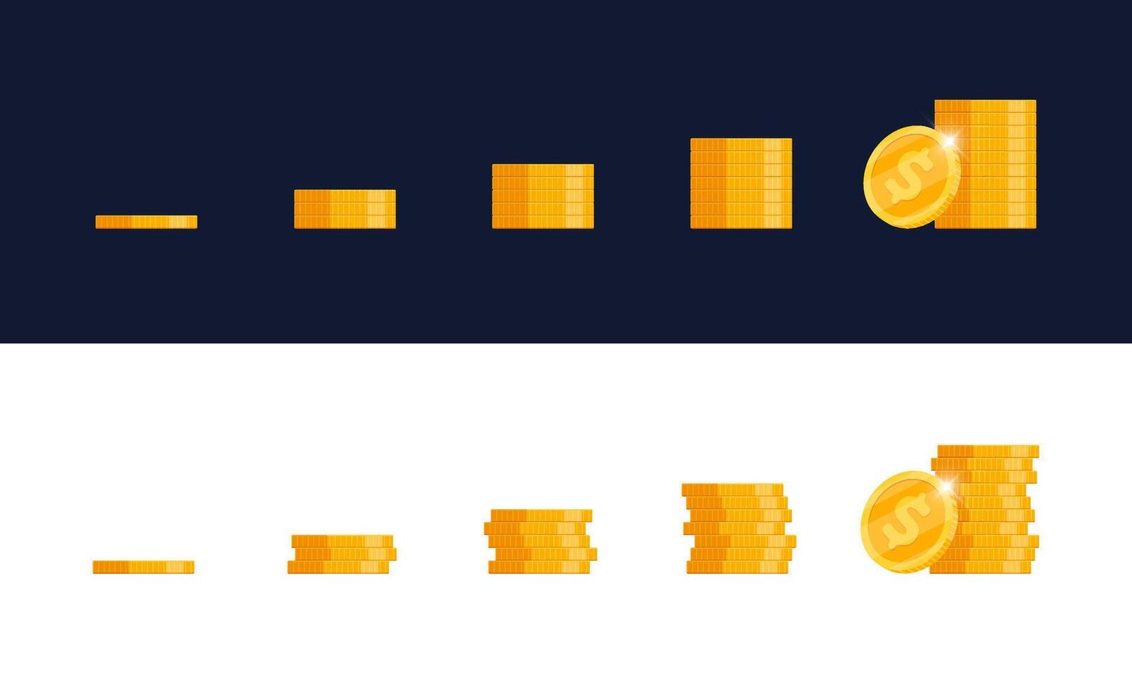 Towering stacks of golden coins in assorted sizes. Graphic assets created for games, representing currency, treasures, or achievements within the game. Perfect for enriching interactive designs vector